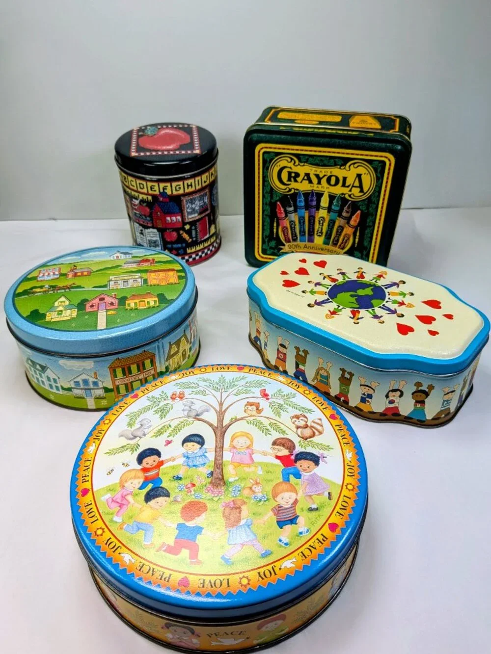 VTG Teacher Metal Tin Bundle: (5) Collectible Storage Tins (Crayola, ABC, Decor)